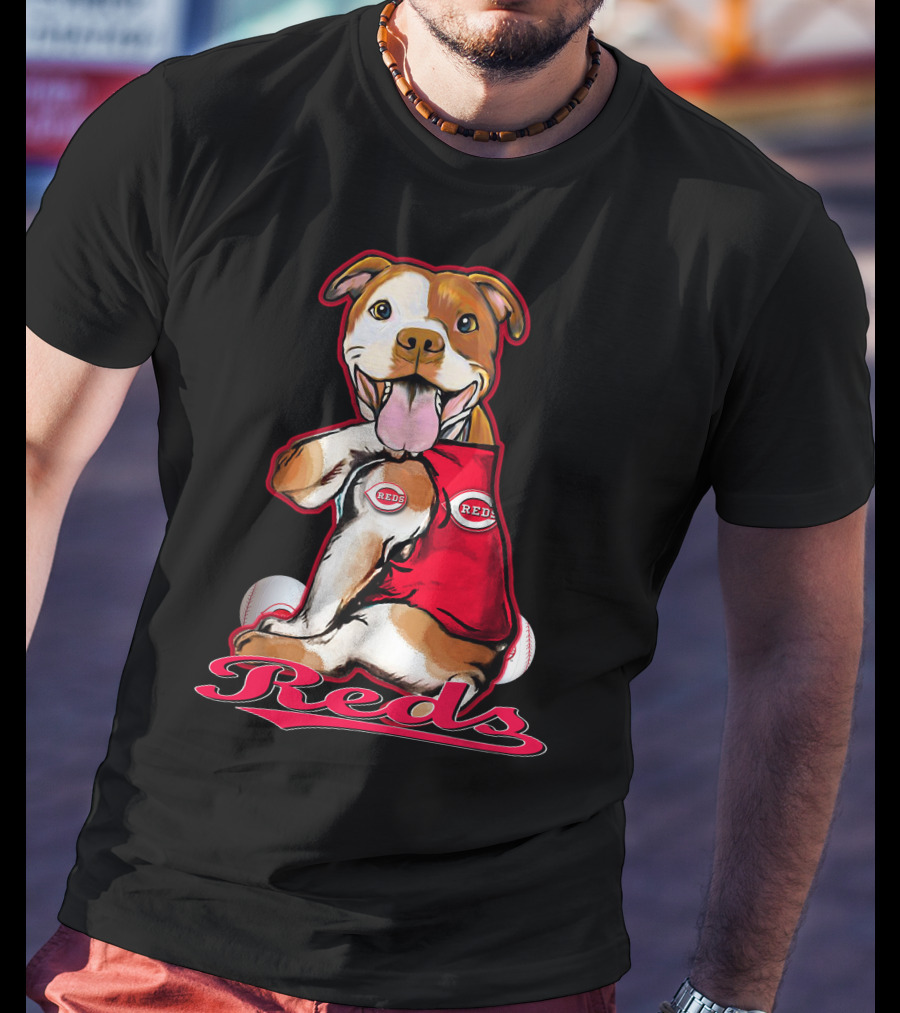 Pittbull Wearing Cincinnati Reds Jersey With Baseballs T-Shirt