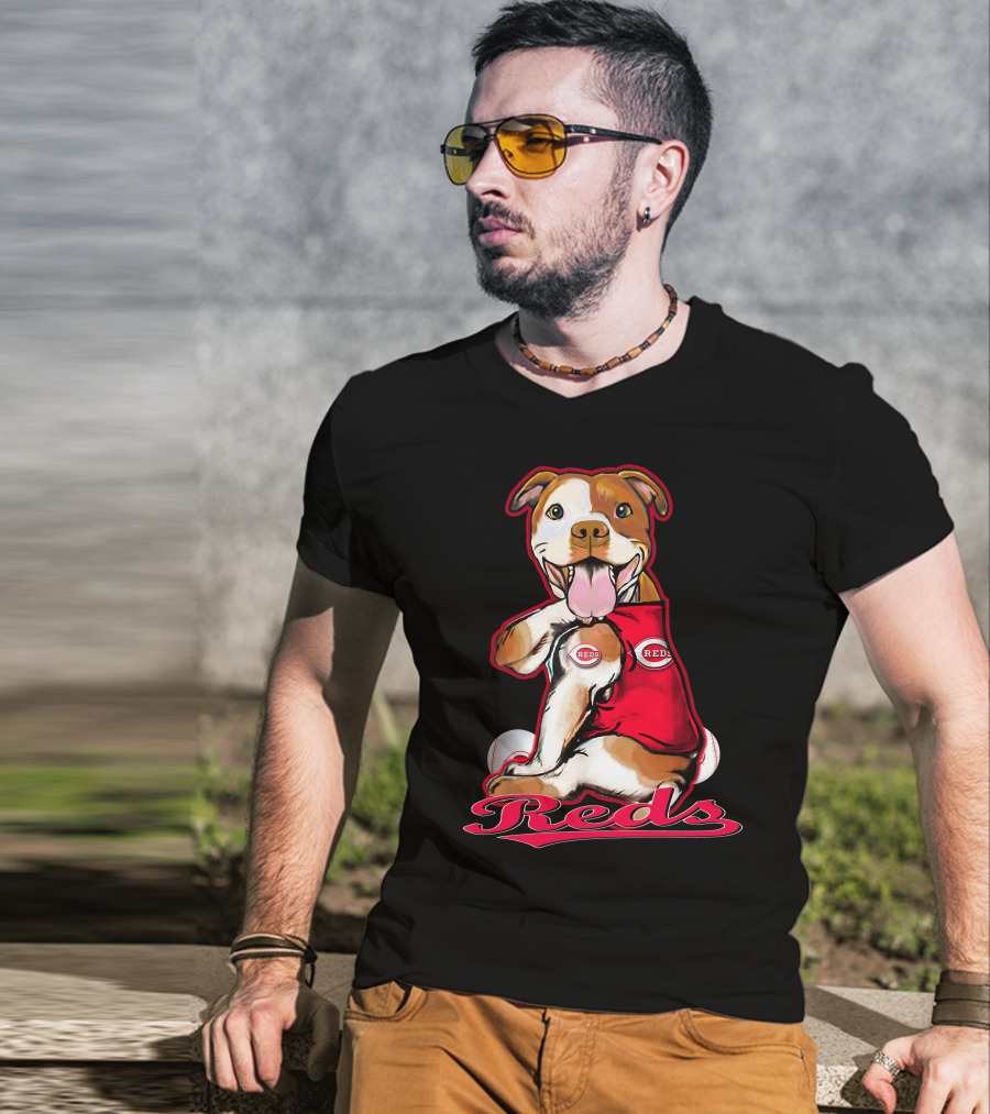 Pittbull Wearing Cincinnati Reds Jersey With Baseballs T-Shirt
