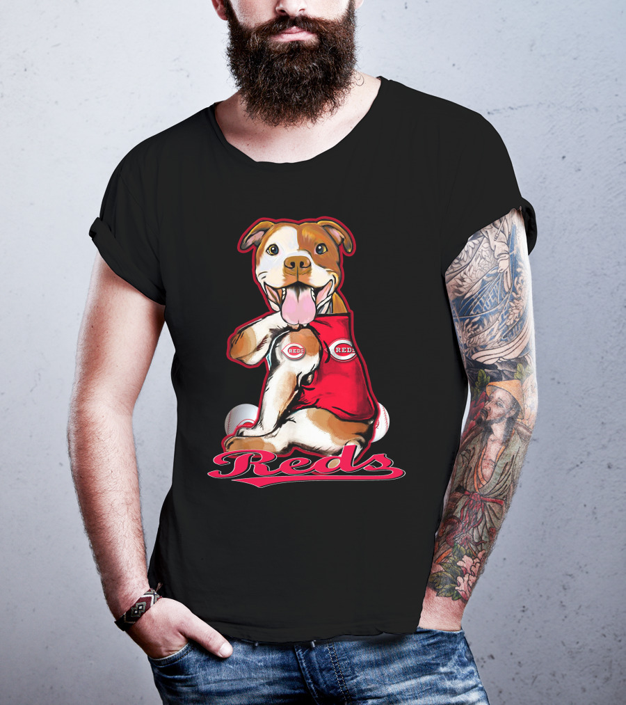 Pittbull Wearing Cincinnati Reds Jersey With Baseballs T-Shirt