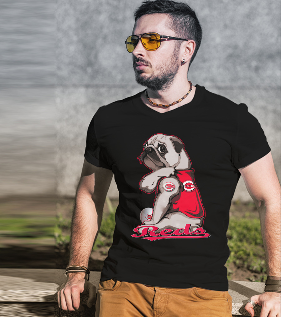 Pug Wearing Cincinnati Reds Jersey With Baseball T-Shirt