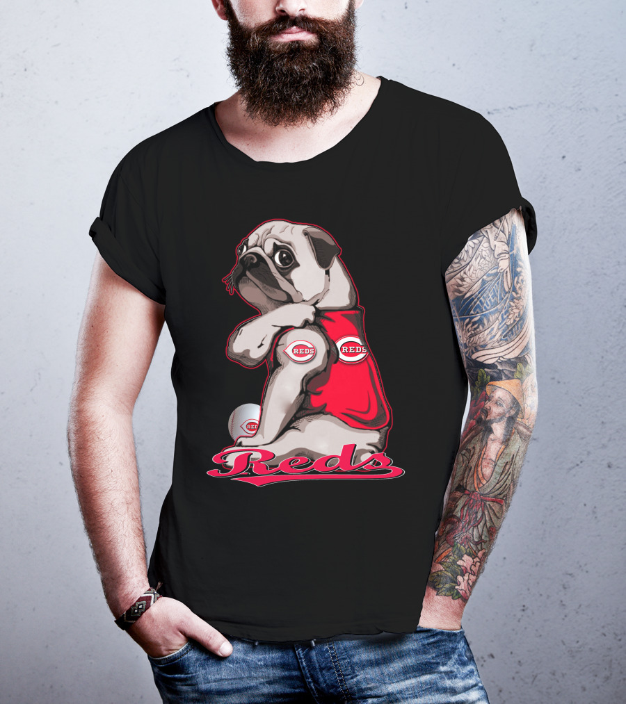 Pug Wearing Cincinnati Reds Jersey With Baseball T-Shirt