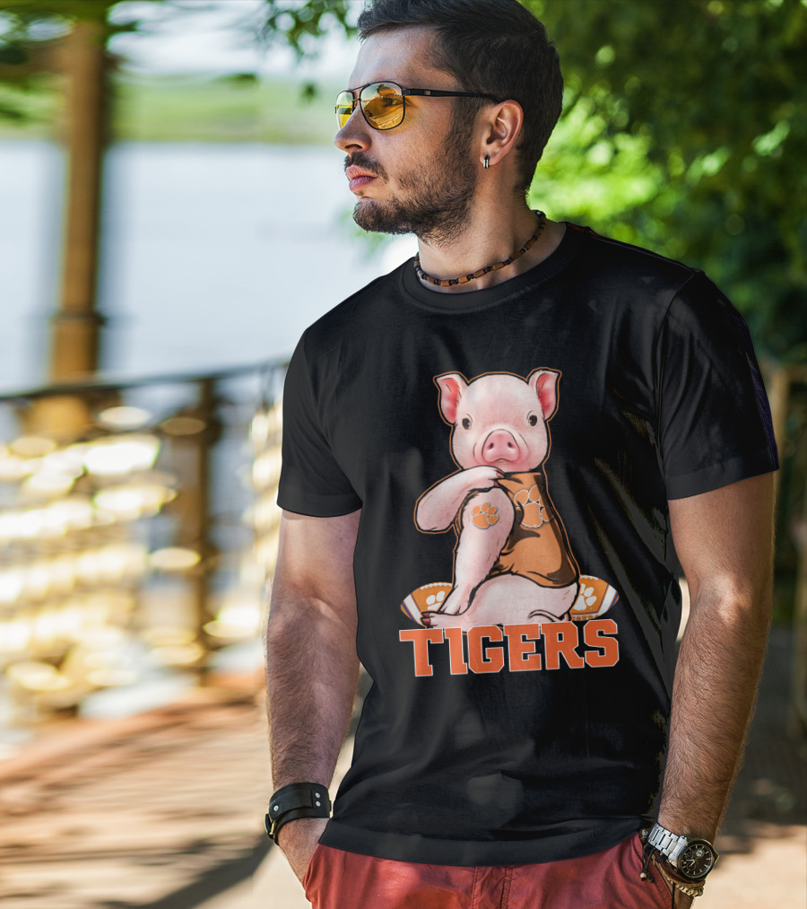 Pig Wearing Clemson Tigers Jersey Football Motif T-Shirt