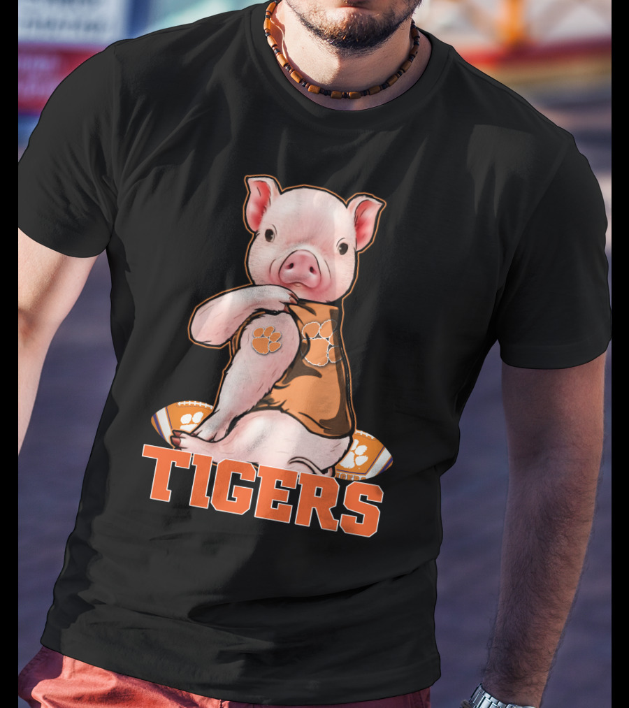 Pig Wearing Clemson Tigers Jersey Football Motif T-Shirt
