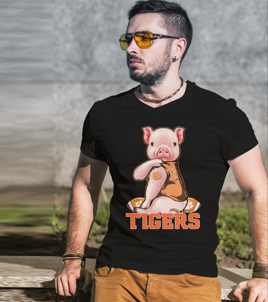 Pig Wearing Clemson Tigers Jersey Football Motif T-Shirt
