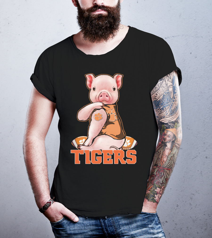 Pig Wearing Clemson Tigers Jersey Football Motif T-Shirt