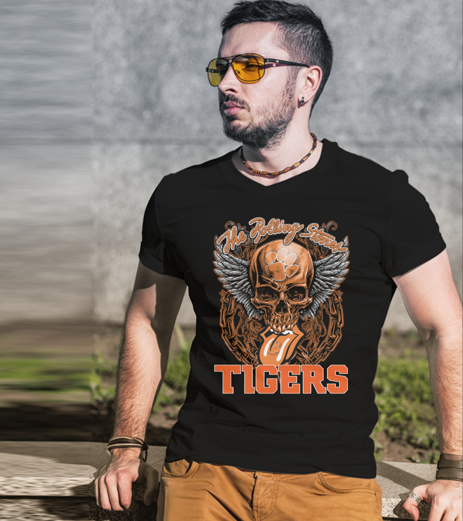 The Rolling Stones Skull With Clemson Tigers Paw And Wings T-Shirt