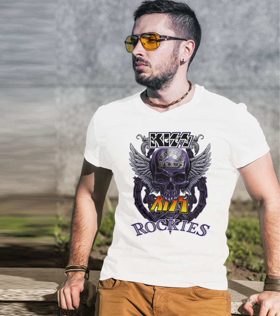 Kiss Colorado Rockies Skull Wings Logo Fusion T-Shirt