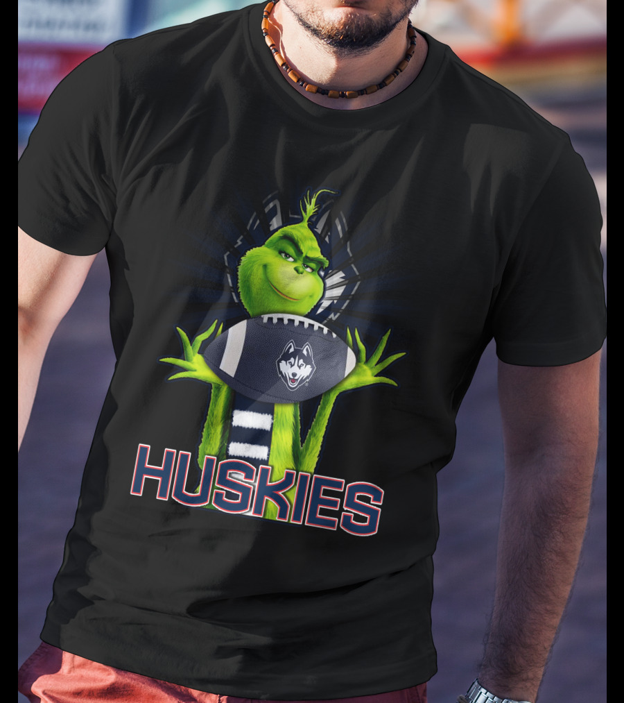 Grinch Holding Football With Huskies T-Shirt