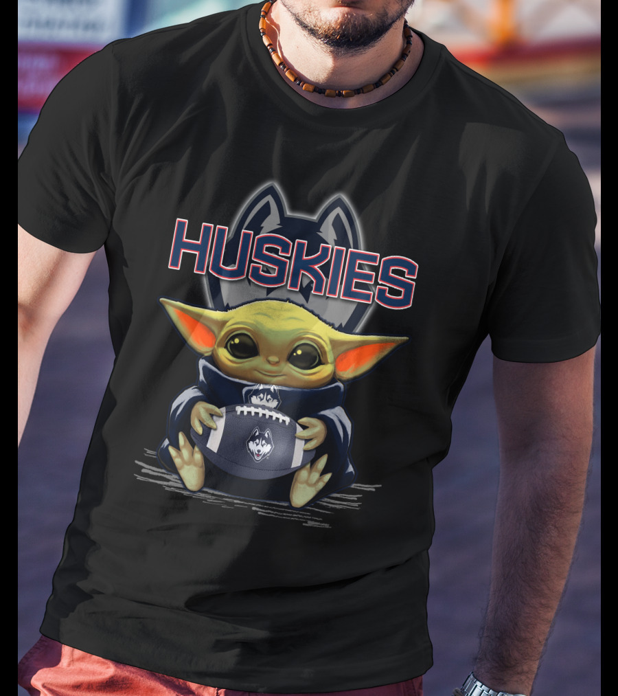 Yoda Holding Football With Connecticut Huskies T-Shirt