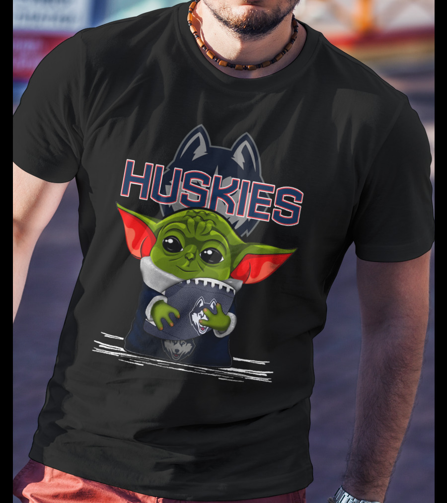 Huskies Yoda Holding Football With Connecticut Logo And Baby Yoda Character T-Shirt