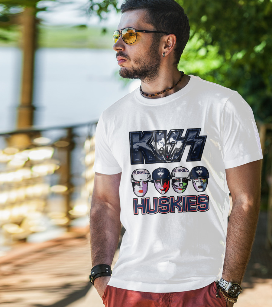 Kiss Band Style Logo With Connecticut Huskies Faces And Hats T-Shirt