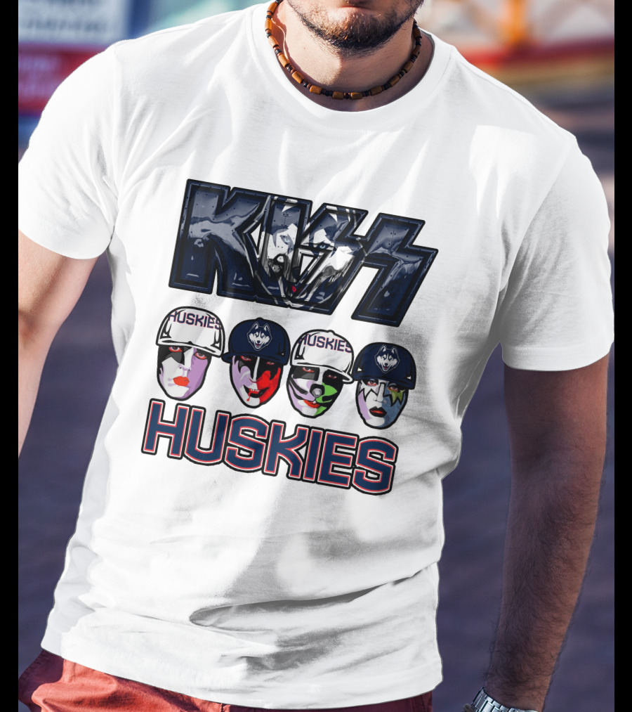 Kiss Band Style Logo With Connecticut Huskies Faces And Hats T-Shirt