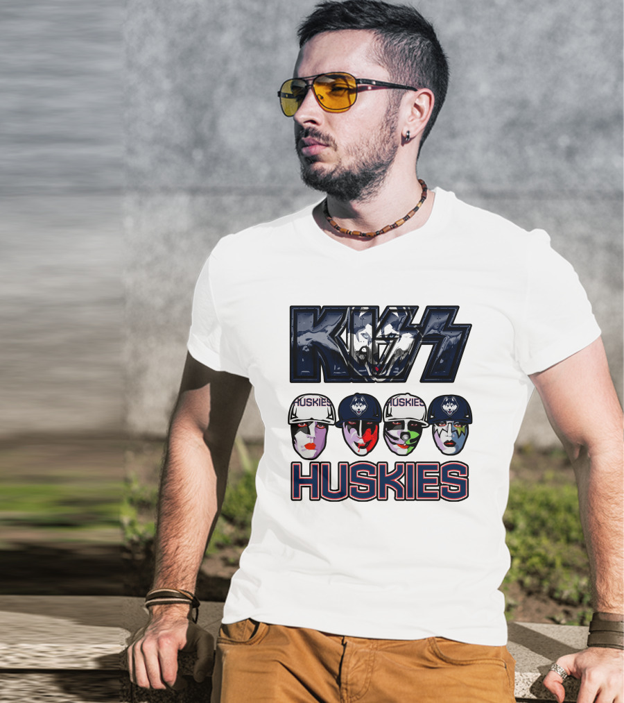 Kiss Band Style Logo With Connecticut Huskies Faces And Hats T-Shirt