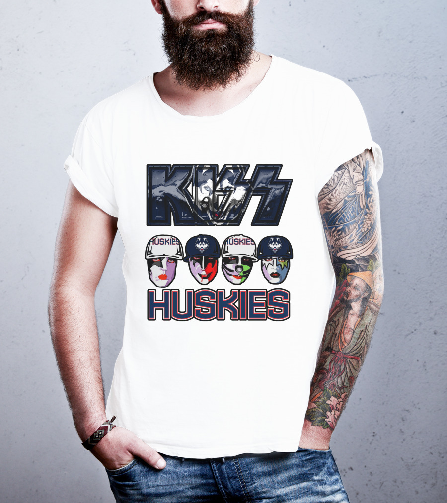 Kiss Band Style Logo With Connecticut Huskies Faces And Hats T-Shirt