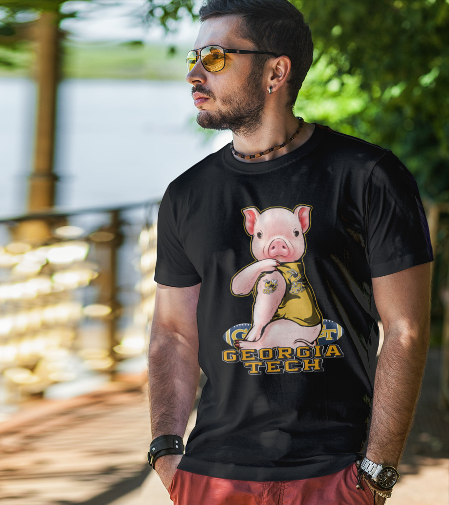 Pig Wearing Georgia Tech Yellow Jackets Mascot Jersey T-Shirt