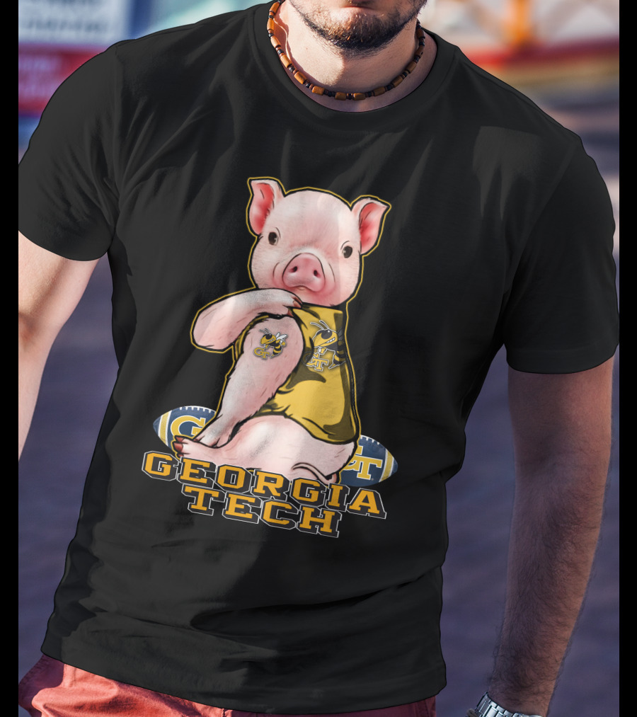 Pig Wearing Georgia Tech Yellow Jackets Mascot Jersey T-Shirt