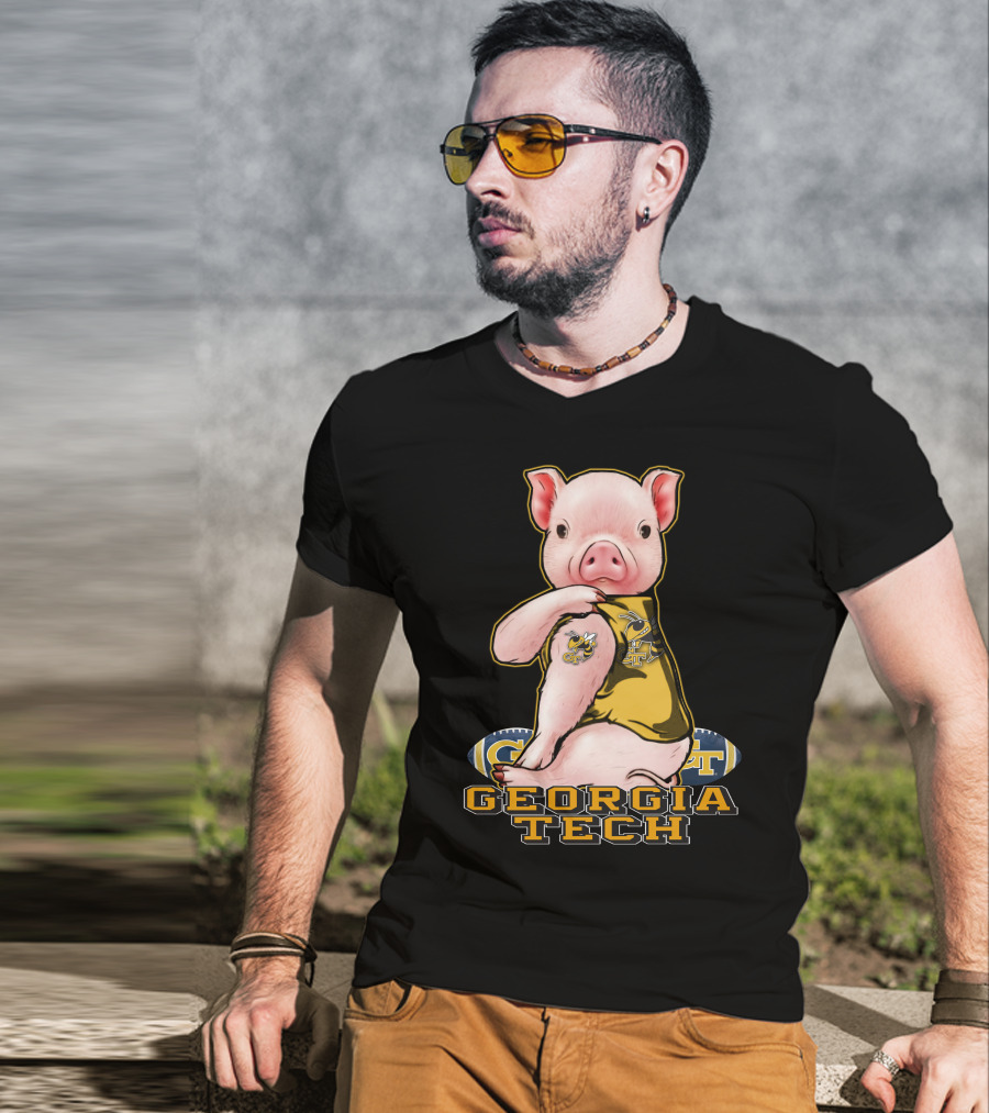 Pig Wearing Georgia Tech Yellow Jackets Mascot Jersey T-Shirt