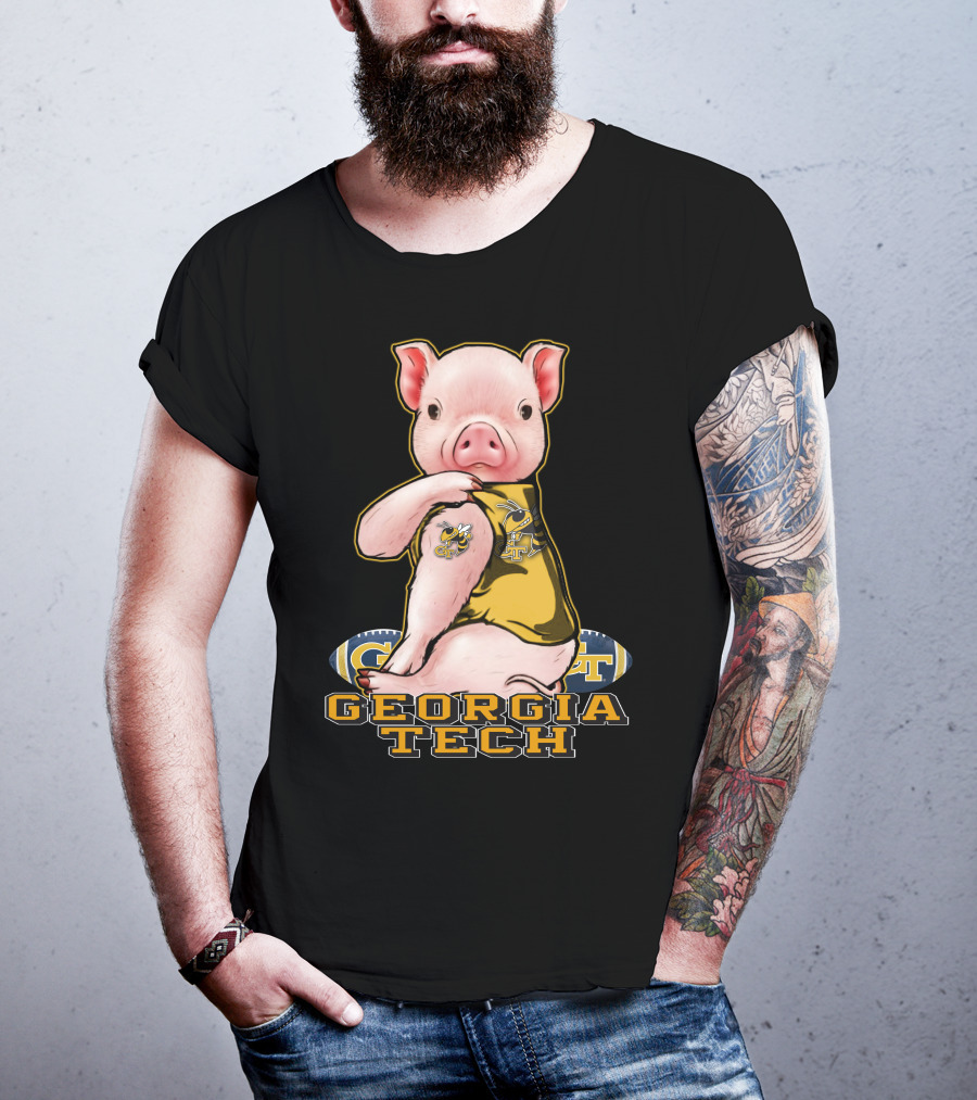 Pig Wearing Georgia Tech Yellow Jackets Mascot Jersey T-Shirt