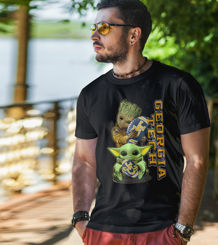 Grzd Georgia Tech Yellow Jackets Groot And Baby Yoda Football T-Shirt