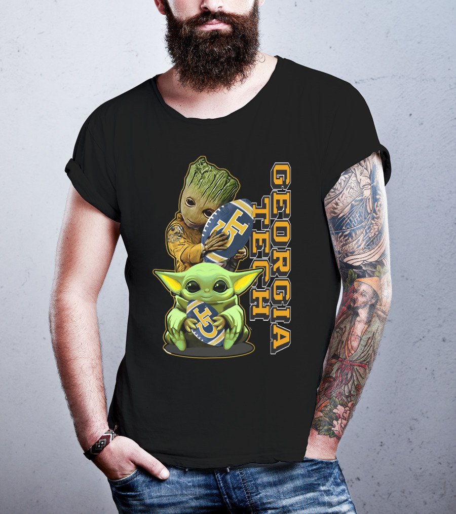 Grzd Georgia Tech Yellow Jackets Groot And Baby Yoda Football T-Shirt