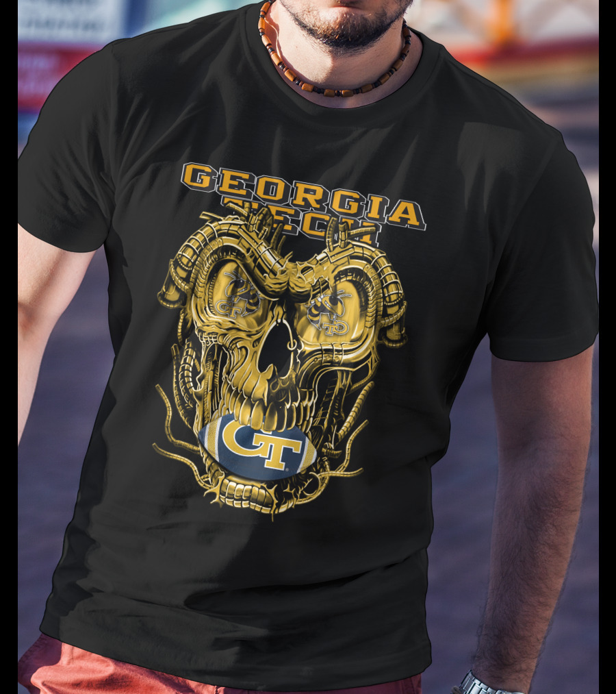 Georgia Tech Yellow Jackets Skull With GT Football And Mechanical Details T-Shirt