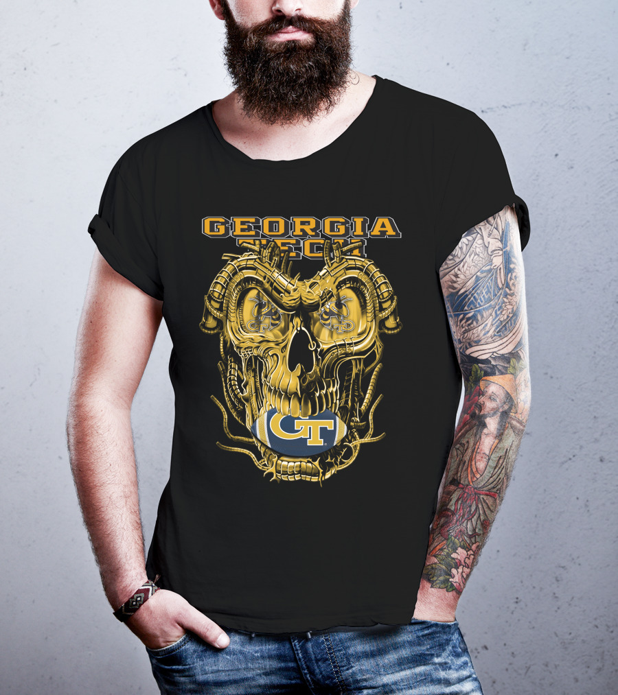 Georgia Tech Yellow Jackets Skull With GT Football And Mechanical Details T-Shirt
