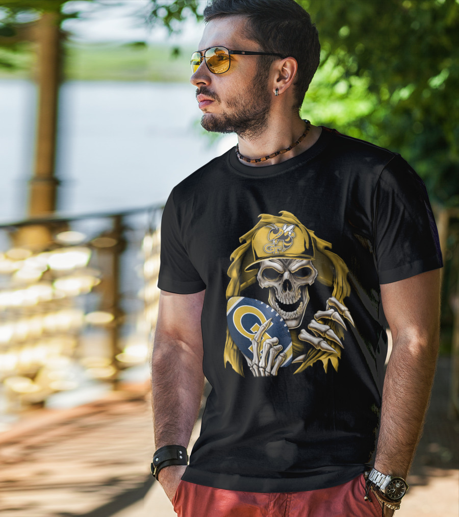 Skullbong Georgia Tech Yellow Jackets Grim Reaper Holding GT Football With Yellow Jacket Cap T-Shirt