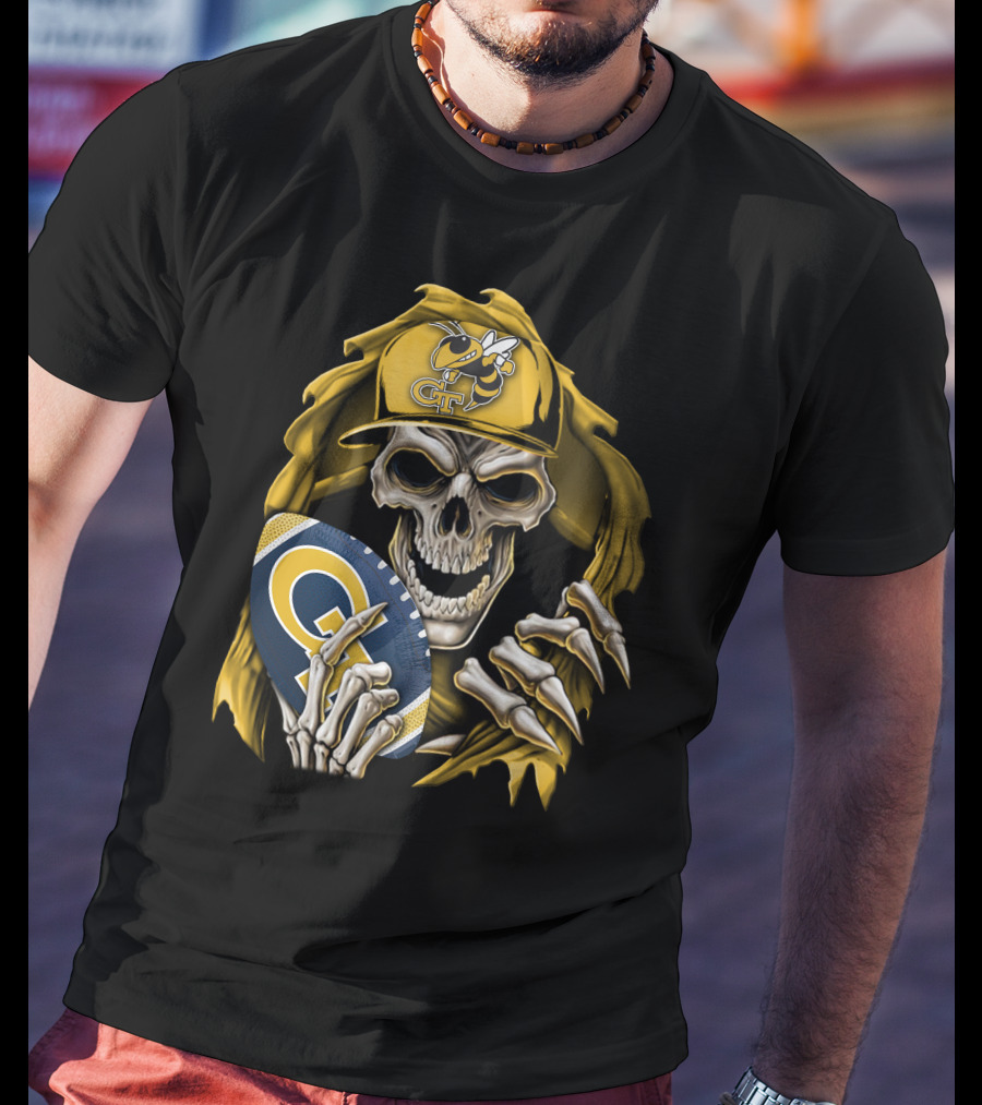 Skullbong Georgia Tech Yellow Jackets Grim Reaper Holding GT Football With Yellow Jacket Cap T-Shirt