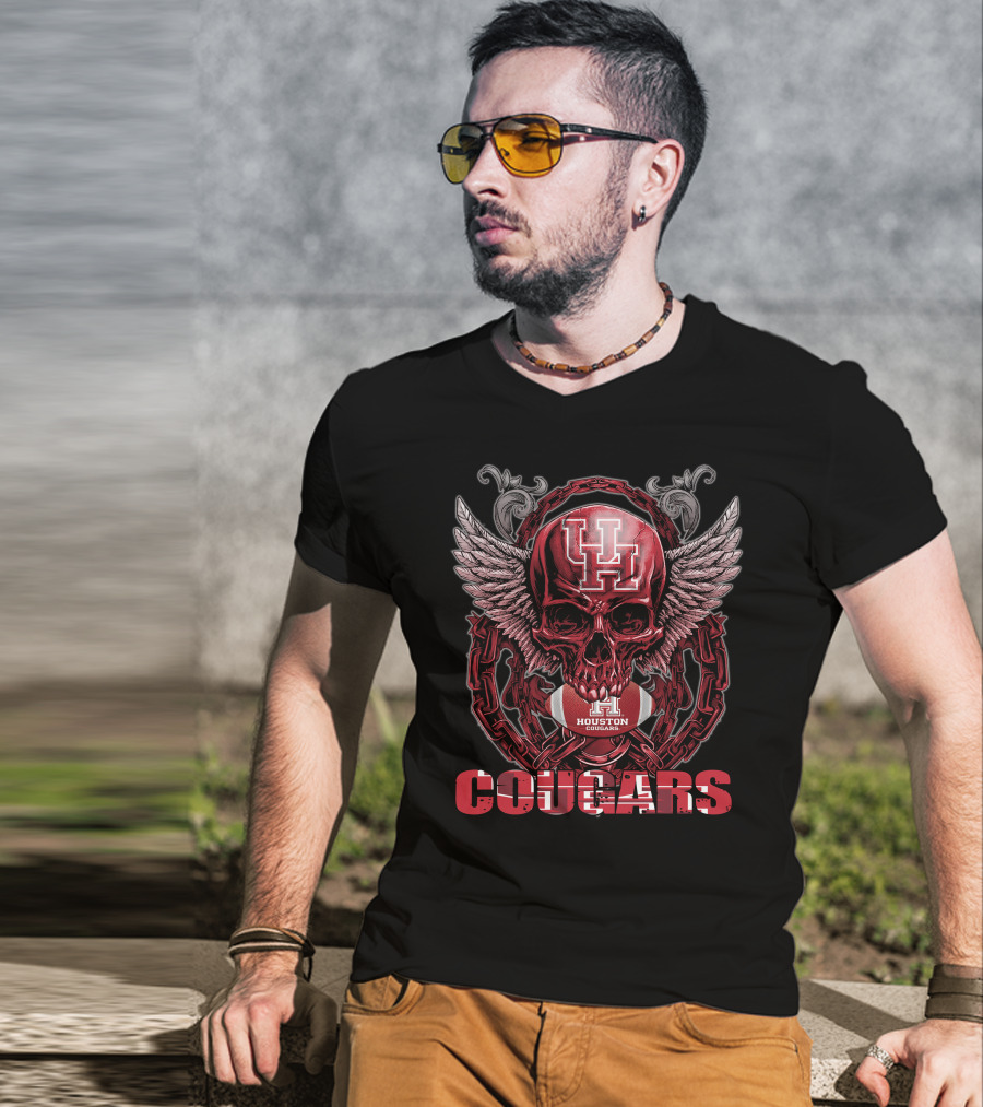 Houston Cougars Skull Wings Football Chain T-Shirt