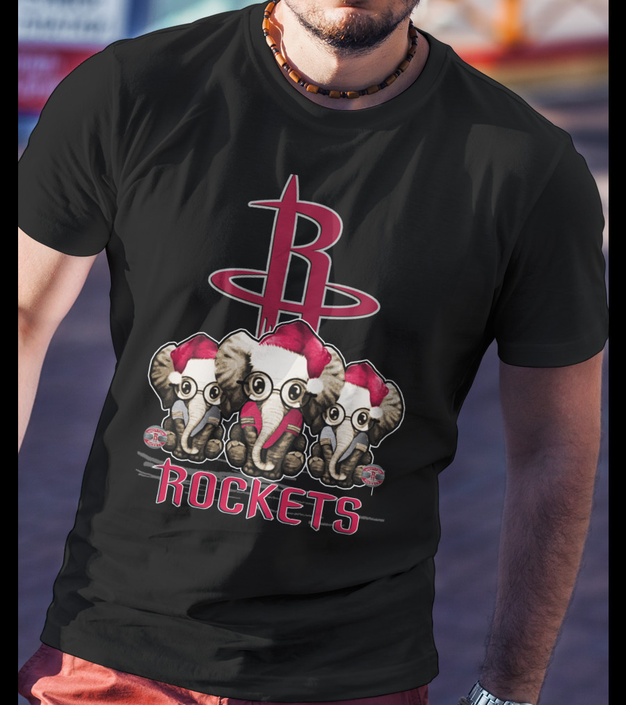 Houston Rockets Xmas Elephants With Santa Hats T-Shirt