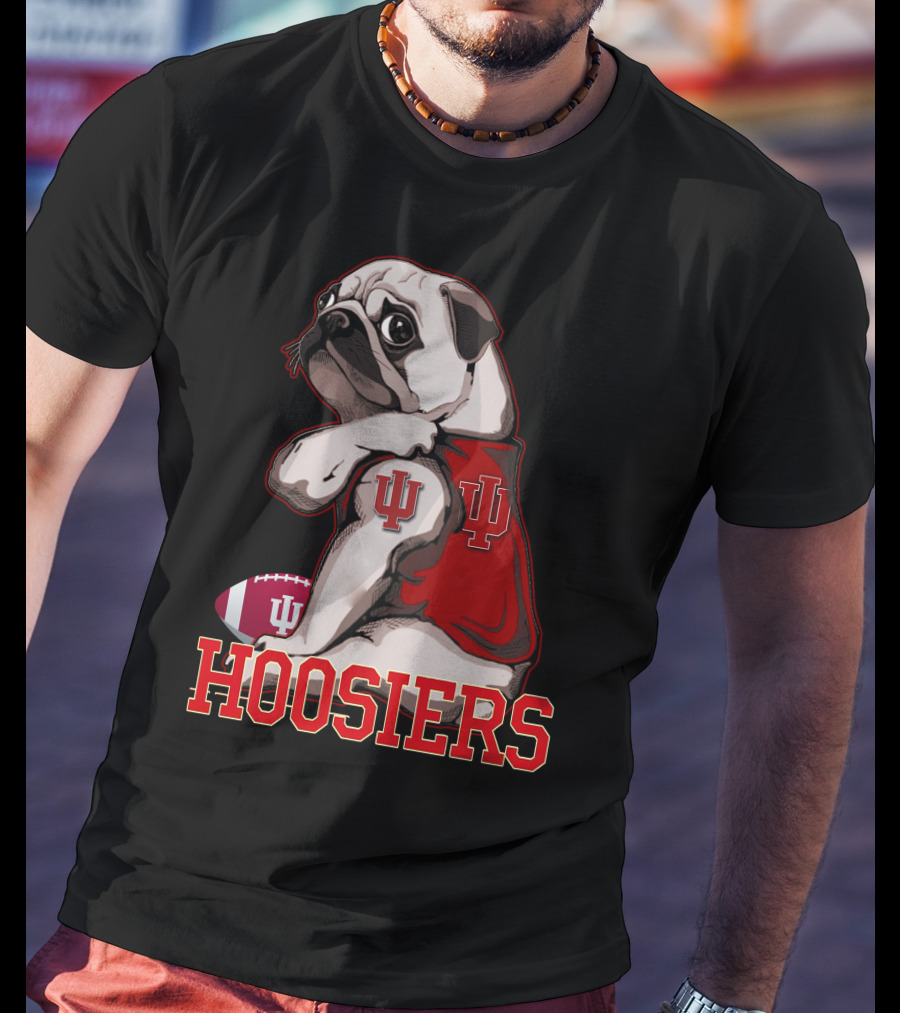 Pug Wearing Indiana Hoosiers Football Jersey With IU T-Shirt