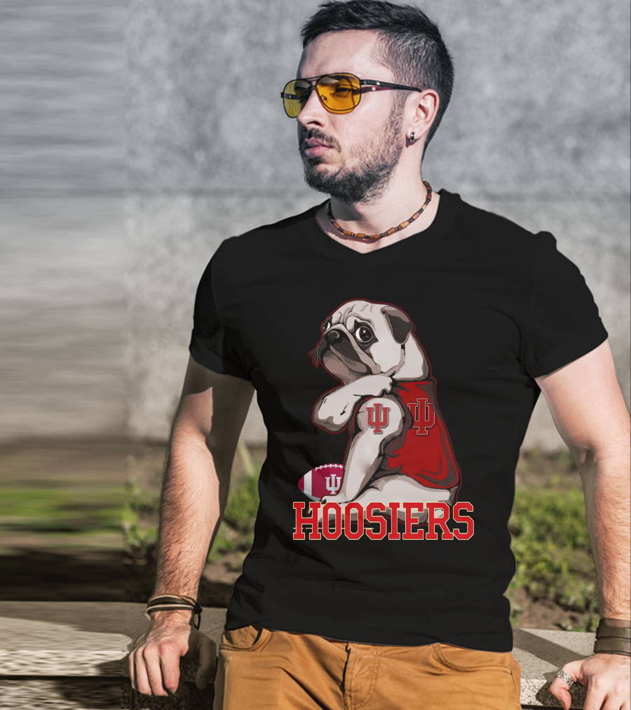 Pug Wearing Indiana Hoosiers Football Jersey With IU T-Shirt