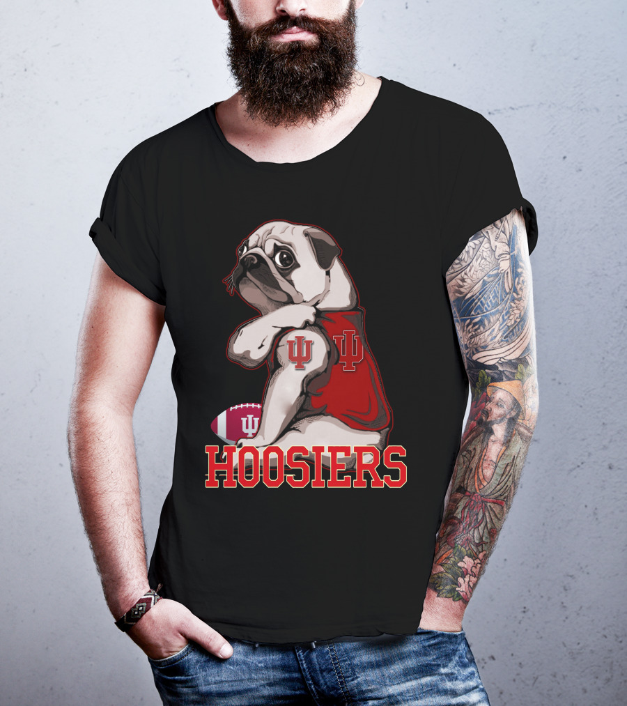 Pug Wearing Indiana Hoosiers Football Jersey With IU T-Shirt