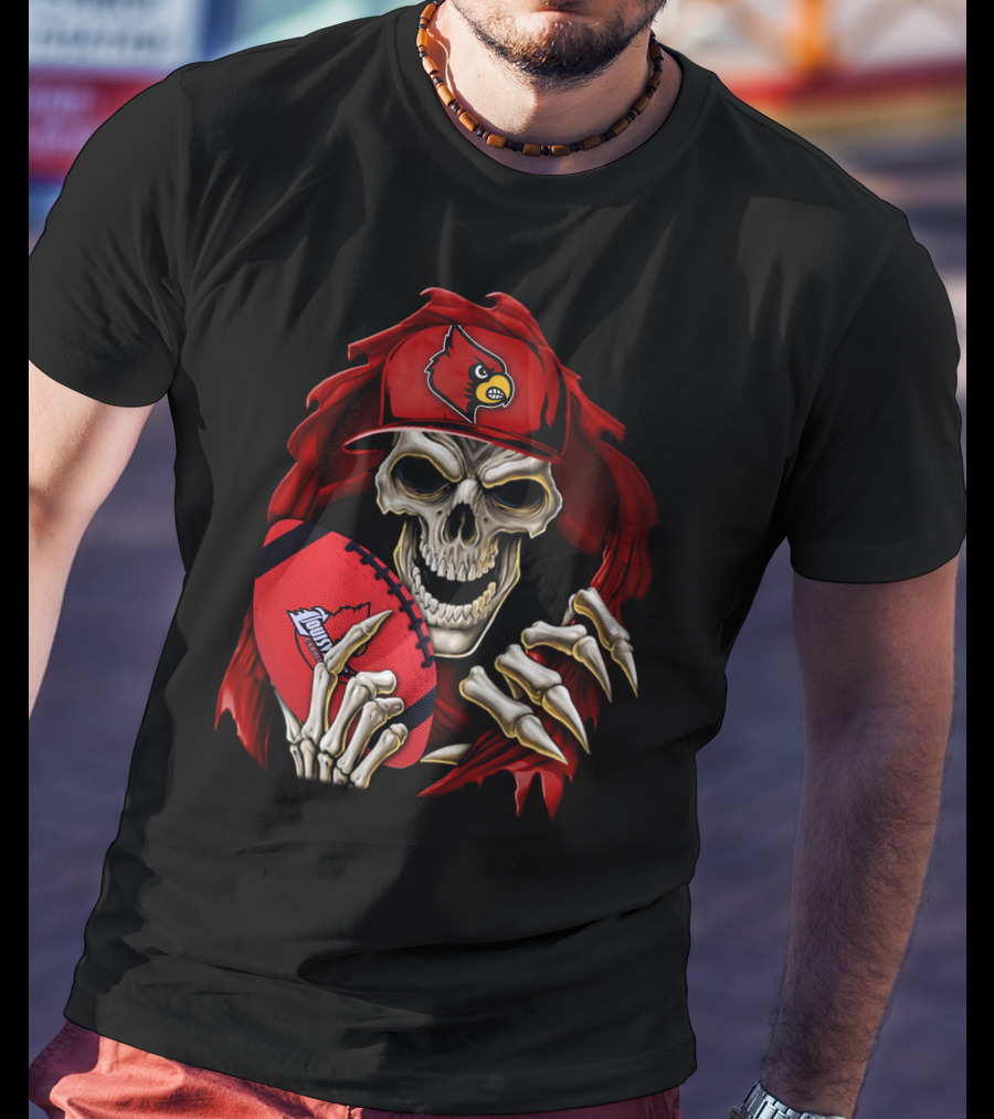 Skullbong Louisville Cardinals Skeleton With Football And Cap T-Shirt