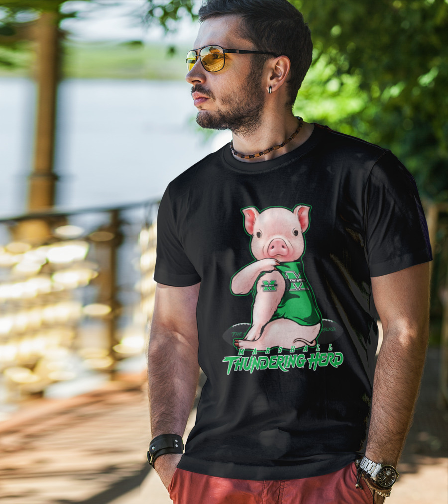 Marshall Thundering Herd Pig In Green Sports Jersey T-Shirt