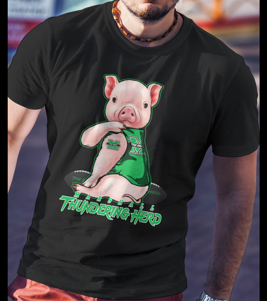 Marshall Thundering Herd Pig In Green Sports Jersey T-Shirt