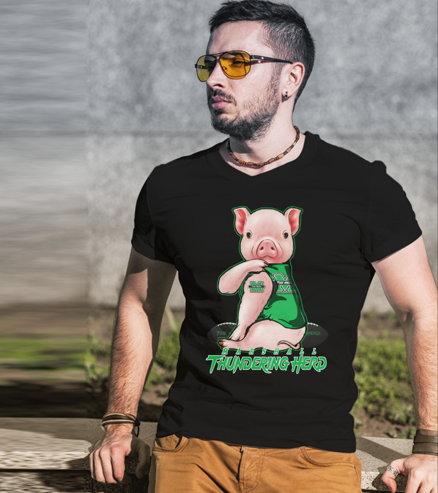 Marshall Thundering Herd Pig In Green Sports Jersey T-Shirt
