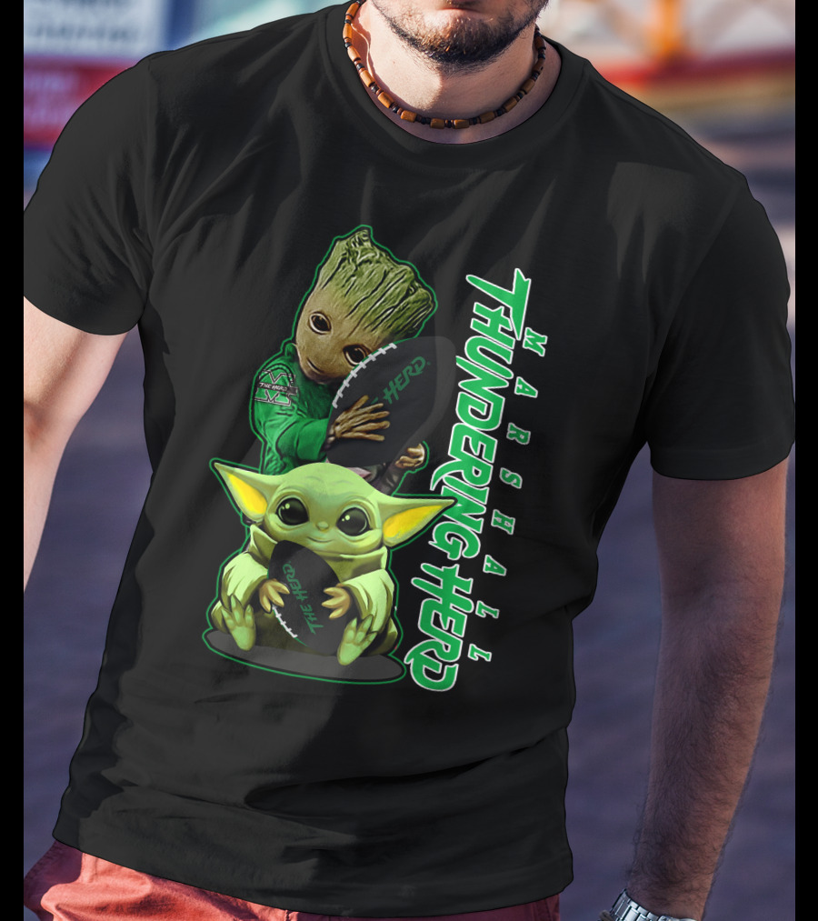 Marshall Thundering Herd Groot Baby Yoda Football T-Shirt