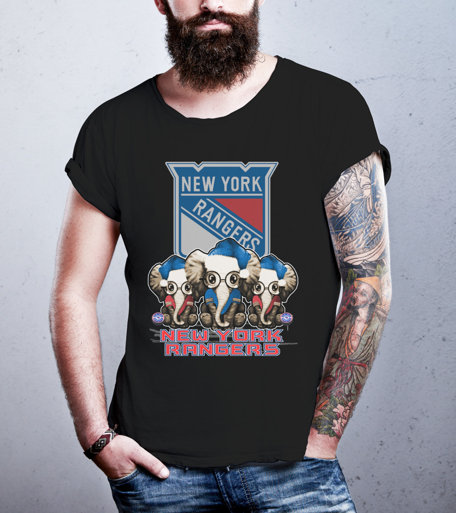 New York Rangers Christmas Elephants In Santa Hats T-Shirt