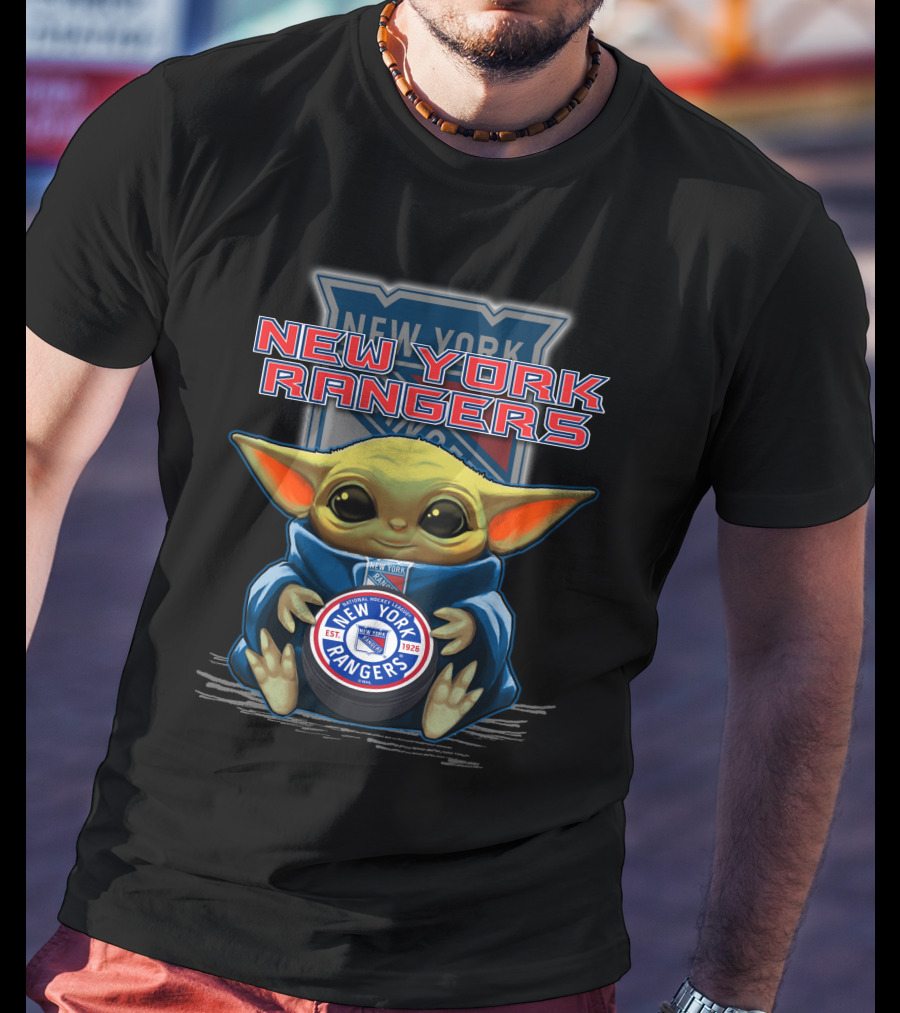 New York Rangers Baby Yoda Holding Hockey Puck T-Shirt
