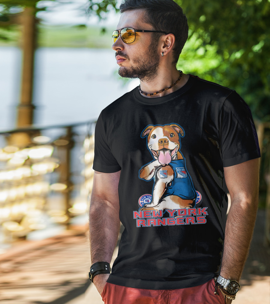 New York Rangers Pitbull With Logo And Paw Up T-Shirt