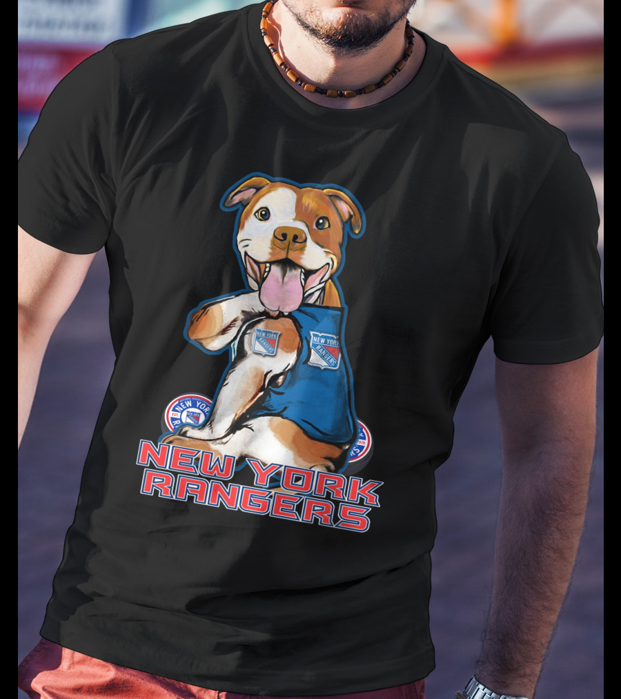 New York Rangers Pitbull With Logo And Paw Up T-Shirt