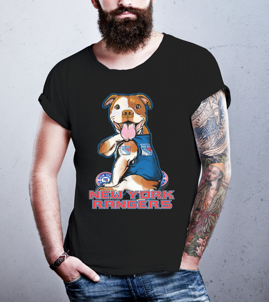 New York Rangers Pitbull With Logo And Paw Up T-Shirt