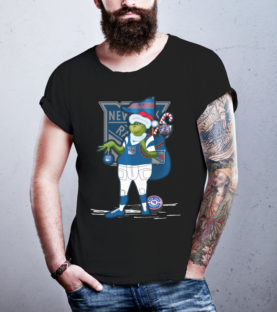 Grinch New York Rangers Christmas Santa Hat Candy Cane T-Shirt