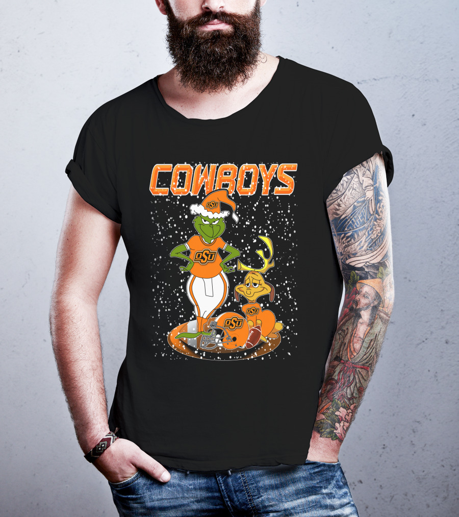 Grinchxmas OSU Cowboys Snowy Holiday Football T-Shirt