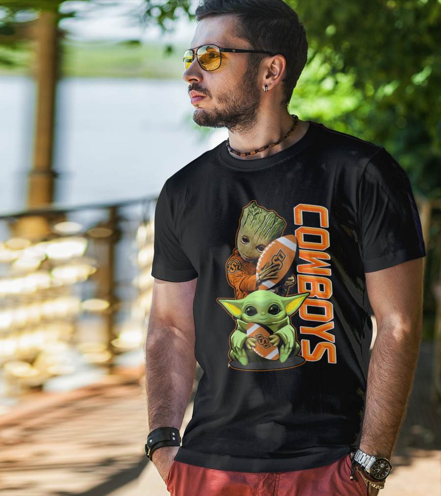 Grzd Oklahoma State Cowboys Groot Baby Yoda Football T-Shirt