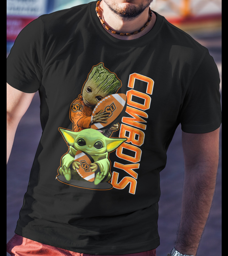 Grzd Oklahoma State Cowboys Groot Baby Yoda Football T-Shirt