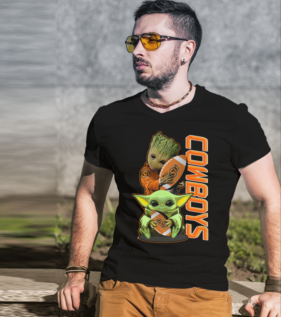 Grzd Oklahoma State Cowboys Groot Baby Yoda Football T-Shirt