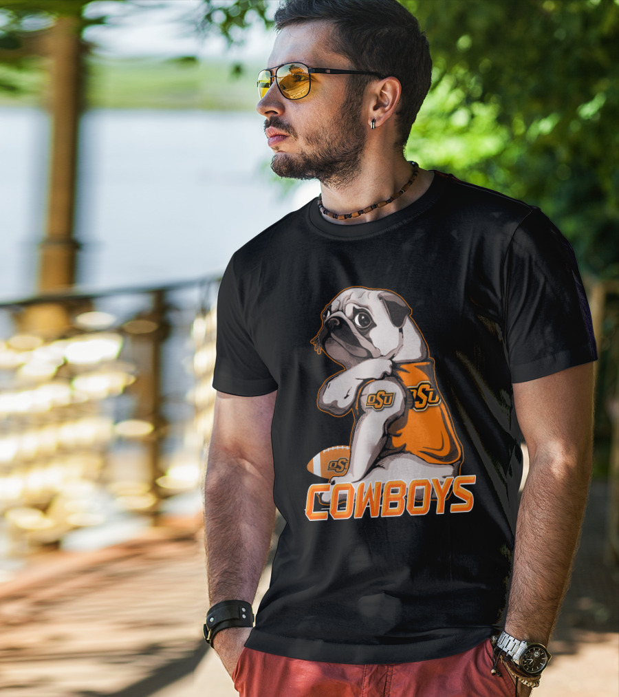 OSU Pug With Football And Cowboys Text T-Shirt