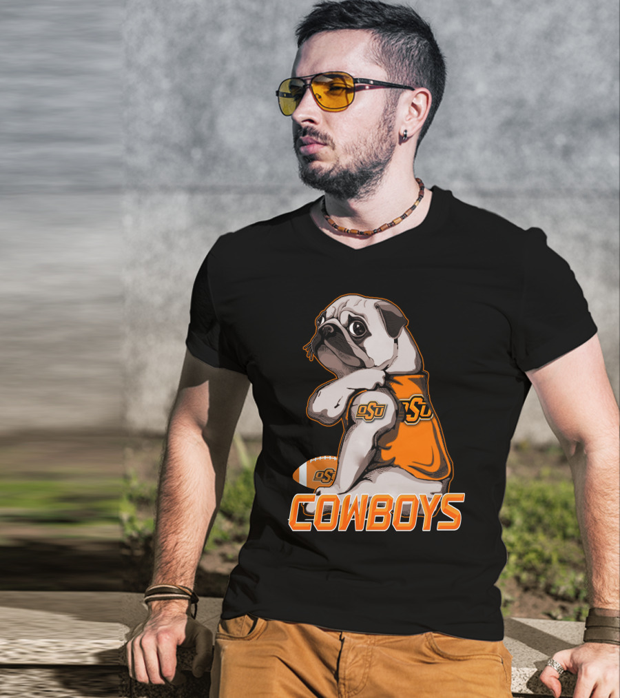 OSU Pug With Football And Cowboys Text T-Shirt